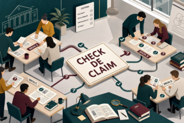 Illustratie van wo-studenten die een claim controleren aan de hand van verschillende bronnen.