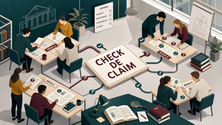 Illustratie van wo-studenten die een claim controleren aan de hand van verschillende bronnen.