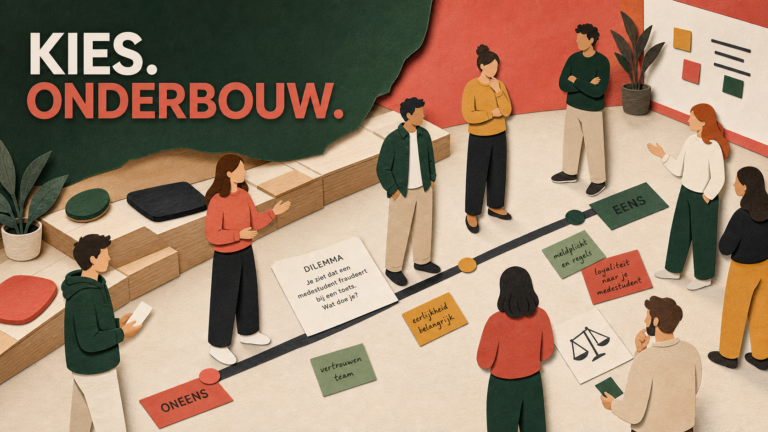 Illustratie van hbo-studenten die positie kiezen op een beslislijn bij een beroepsdilemma.