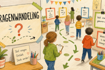 Illustratie van leerlingen in een basisschoolklas die langs vraagkaarten wandelen en antwoorden verzamelen.