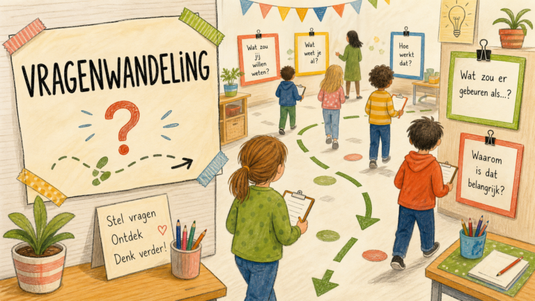 Illustratie van leerlingen in een basisschoolklas die langs vraagkaarten wandelen en antwoorden verzamelen.
